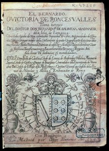 Cover of the 'Victoria de Roncesvalles' by Bernardo de Balbuena, first edition, printed by Diego …