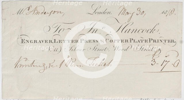 Trade Card for John Hancock, Engraver, Letter Press & Copper Plate Printer, 1818., 1818. Creator: Anon.