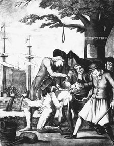 Bostonians tarring and feathering the Excise man and forcing tea down his throat, Boston Tea Party. Artist: Unknown