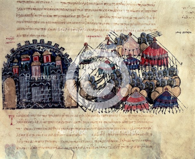 Byzantine besieging Messina, miniature in 'Scylitzes Matritensis', (facsimile edition of the orig…