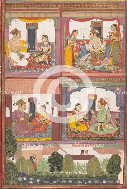 Four Love Scenes and a Landscape: Page from a Dispersed Raskapriya, ca. 1700. Creator: Unknown.