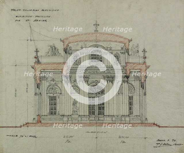 Chocolate-Menier Pavilion, World's Colombian Exposition, Chicago, Illinois, Section Sketch, 1893. Creator: Peter Joseph Weber.