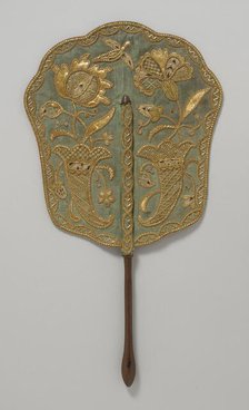 Fixed fan of green silk with straw embroidery and wooden handle, England, c.1740. Creator: Unknown.