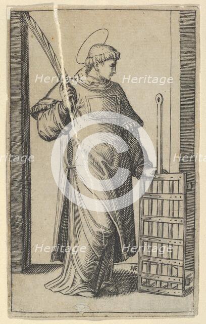 Saint Lawrence, left hand resting on a grill, from the series 'Piccoli Santi' (Sm..., ca. 1500-1527. Creator: Marcantonio Raimondi.