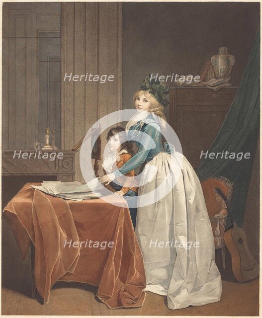 Louise Sébastienne Gély-Danton with her stepson behind a Zograscope, c1793. Creator: Boilly, Louis-Léopold, (after)  .