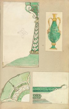 Designs for a Candlestick, Two Handled Vase, Decorated Plate and Footed Dish, 1845-55. Creator: Alfred Crowquill.