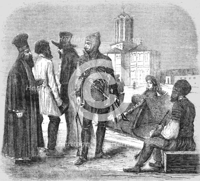 'A Priest, Peasant, Tartar Merchant, Russian Soldier, Lady in a Sledge, and a Jew, 1854. Creator: Unknown.