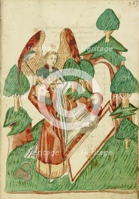 Josaphat buries Barlaam, while an Angel Holds his Crown; Barlaam und Josaphat, 1469. Creators: Hans Schilling, Diebolt Lauber.