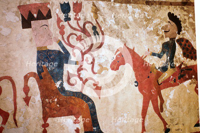 Detail of a horseman and seated man from felt Scythian wall-hanging. Artist: Unknown