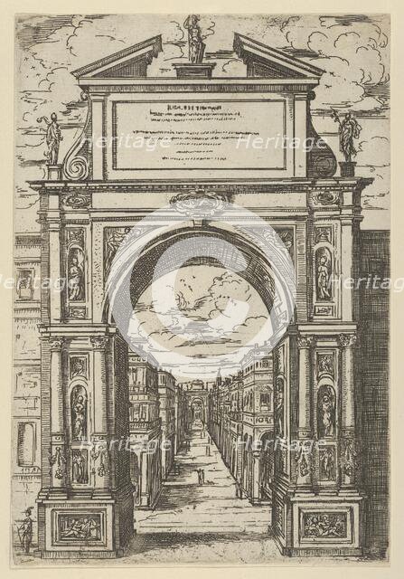 Triumphal arch surmounted by a statue representing the city of Bologna, buildings seen thr..., 1598. Creator: Guido Reni.