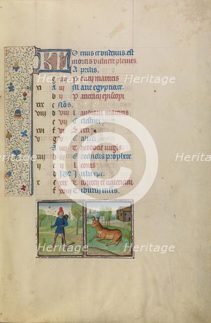 April Calendar Page: Picking Flowers: Taurus; Arenberg Hours, early 1460s. Creator: Workshop of Willem Vrelant.