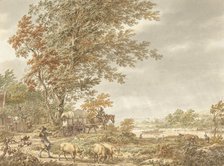 Hilly landscape with swineherd, a river in the distance, 1791. Creator: Jacob Cats.
