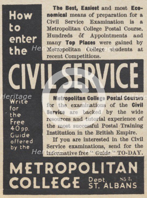 Metropolitan College Postal Courses, 1937. Artist: Unknown