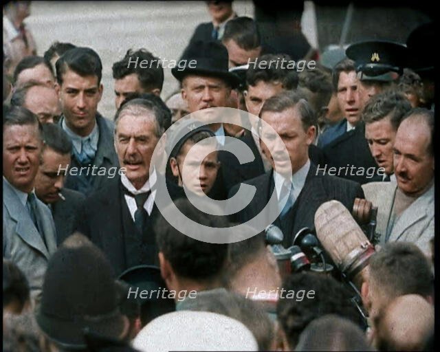 Neville Chamberlain, the British Prime Minister, Speaking to Male Journalists and Members..., 1938. Creator: British Pathe Ltd.