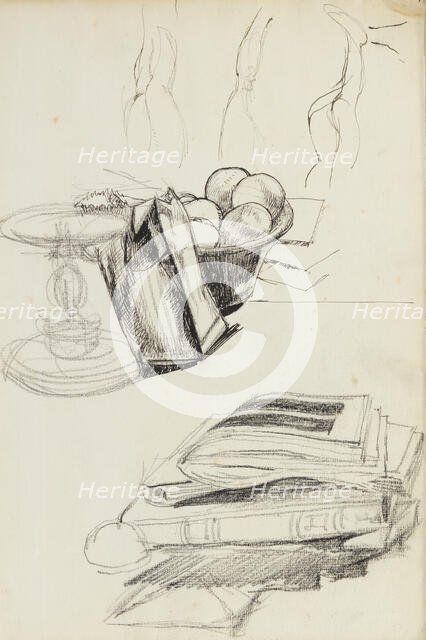 Still life and pile of books, c1900-1940. Creator: Francis Ernest Jackson.