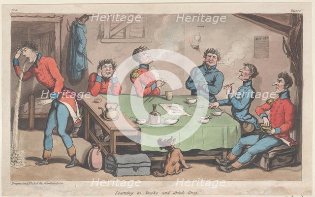 Learning to Smoke and Drink Grog, from "The Military Adventures of Johnny Newcome", 1815., 1815. Creator: Thomas Rowlandson.