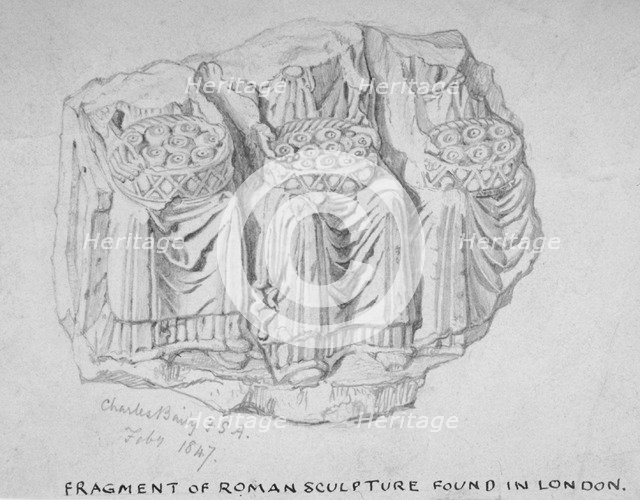 Fragment of Roman sculpture found in Hart Street, Crutched Friars, City of London, 1847. Artist: Charles Baily