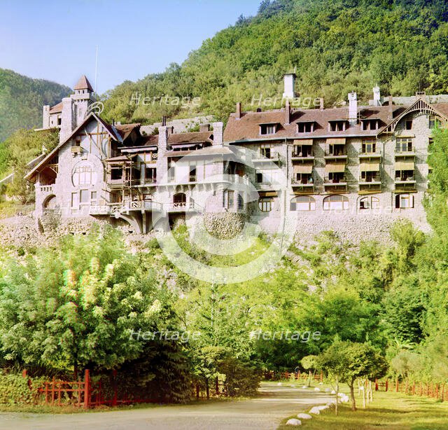 Gagra: view of Prince Oldenburg's palace from the wharf, between 1905 and 1915. Creator: Sergey Mikhaylovich Prokudin-Gorsky.
