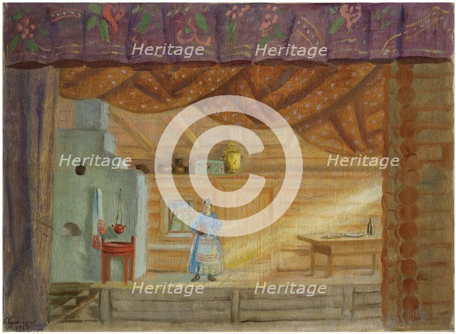 Stage design for the play Virineya by Lidia Seyfullina, 1925. Artist: Kustodiev, Boris Michaylovich (1878-1927)