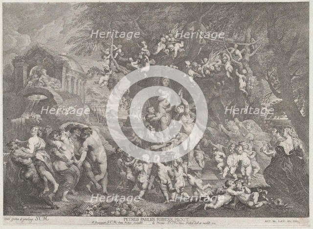 The Feast of Venus, with groups of satyrs, nymphs, and putti dancing around a statue of Ve..., 1732. Creator: Anton Joseph von Prenner.