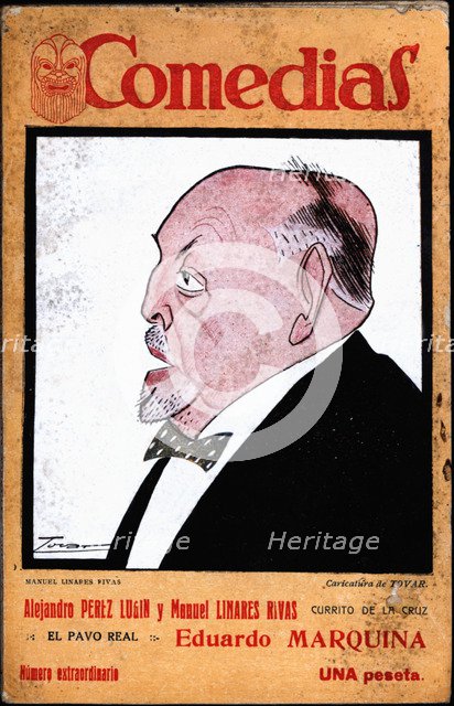 Cover of the publication 'Comedias'. Caricature of Manuel Linares-Rivas Astray-Caneda (1866-1938)…