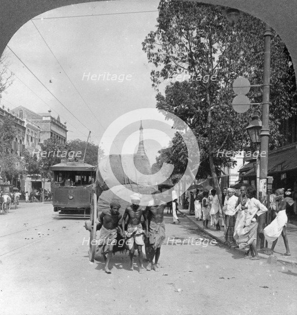 Dalhousie Street, busiest in the city, Rangoon, Burma, 1908. Artist: Stereo Travel Co