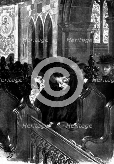 The Death of Mr. Gladstone:...Mrs. Gladstone listening to the sermon of Dean Wickham, 1898. Creator: Unknown.