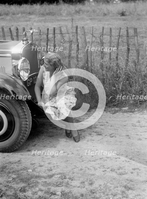 Kitty Brunell road testing a 1931 Delage D8. Artist: Bill Brunell.