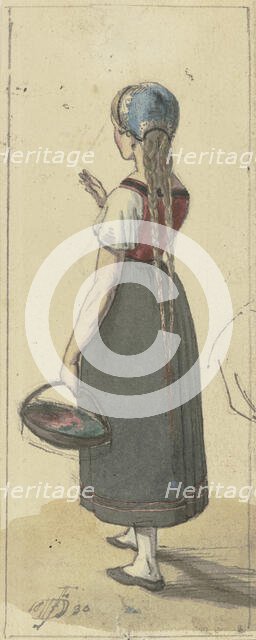 A girl with long braids and a basket, seen from behind, 1830. Creator: Jakob Dielmann.