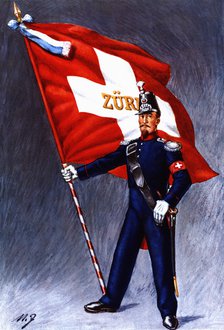 Flag bearer from the canton of Zurich, c. 1852. Color engraving from 1943, published by Editions …