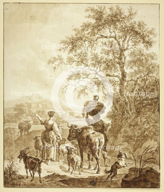 Shepherdess and Peasant with Flock in Italianate Landscape, n.d. Creator: Unknown.