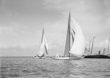 The 19-metre class 'Mariquita' (C1) & 'Corona' (C3) running with spinnakers up, 1911. Creator: Kirk & Sons of Cowes.