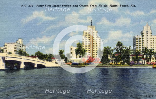 41st Street Bridge and ocean front hotels, Miami Beach, Florida, USA, 1946. Artist: Unknown