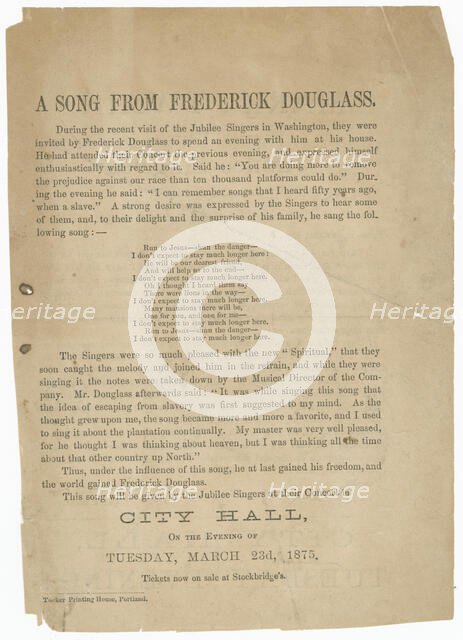Handbill for a performance by the Fisk Jubilee Singers, 1875.  Creator: Unknown.