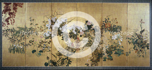 Screen with autumn and winter flowers, early 18th century. Artist: Watanabe Shiko.