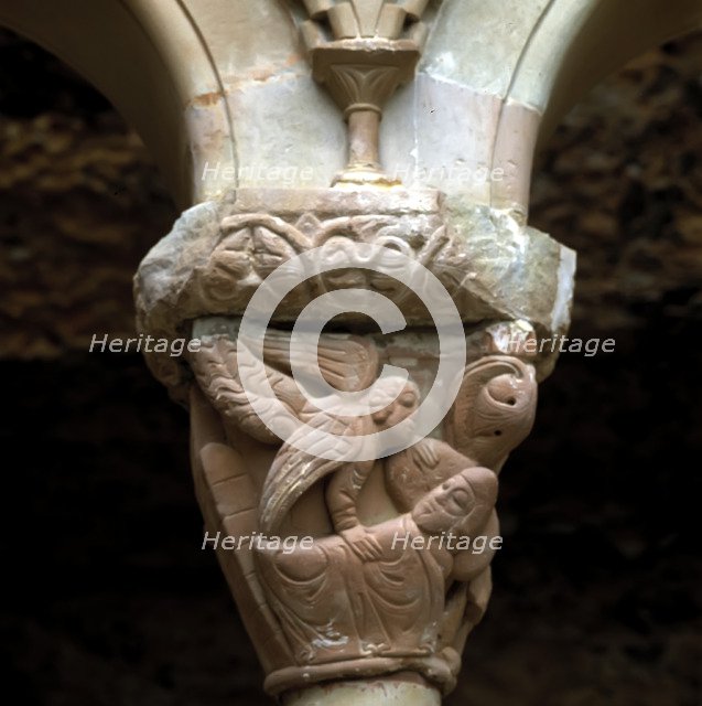 Detail of a capital representing 'The Dream of St. Joseph' in the cloister of the monastery of Sa…