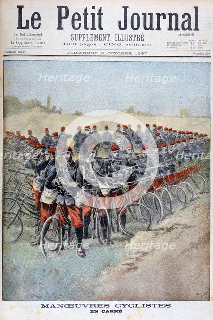 French Army bicycle corps in a square on manoeuvres, France, 1897. Artist: Henri Meyer