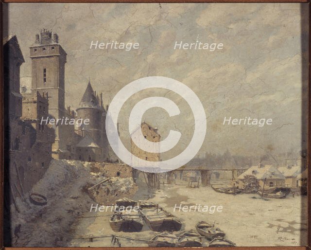 Clock tower, the Conciergerie and Pont au Change, in 1621, 1887. Creator: Theodor Josef Hubert Hoffbauer.