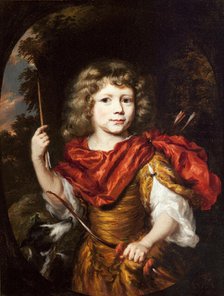 Portrait of a Boy with a Bow and a Dog (Amor), c1673/1674. Creator: Nicolaes Maes.
