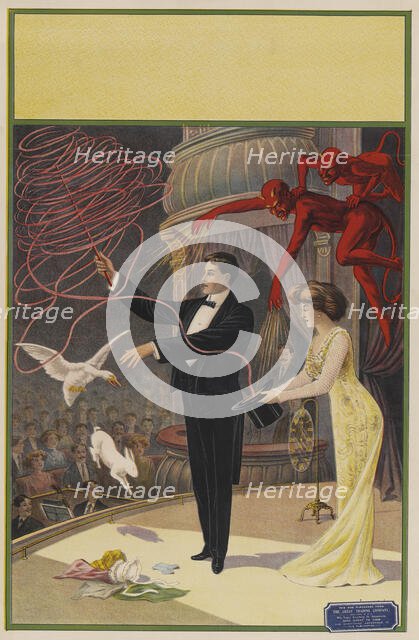 Magician with devils, assistant, goose and rabbit, c1900. Creator: Unknown.