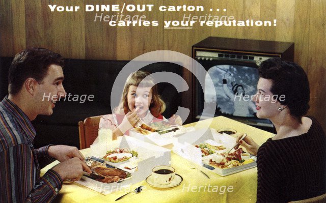 A family eating takeaway food in front of a television, Menasha, Wisconsin, USA, 1959. Artist: Unknown