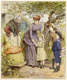 Mother and Children by a Beehive, pub. 1854. Creator: Robert Barnes (1840 - 1895).