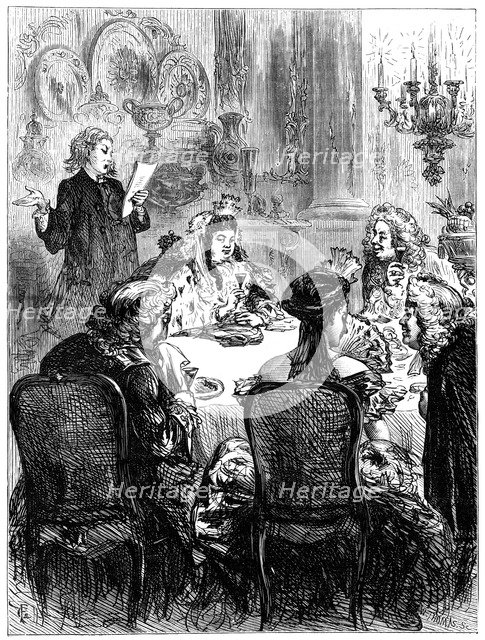 Queen Anne (1665-1714) and the ballad writer.Artist: W Thomas