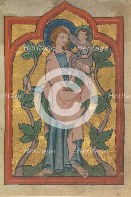Manuscript Leaf with Saint Christopher Bearing Christ, early 14th century. Creator: Unknown.