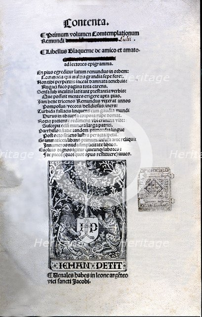 Cover of the Latin edition printed by Jean Petit in Paris in 1505, 'Libre d'Amic e d'Amat' (Song …