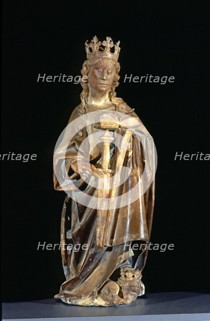 Figure holding the book that contains the epitaph, sculpture from the tomb of Bishop Bernat de Pa…