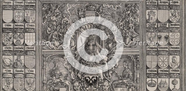 The Emperor Seated on His Throne, Seated Between Joanna of Castile and Mary of Burgundy, A..., 1515. Creator: Hans Springinklee.