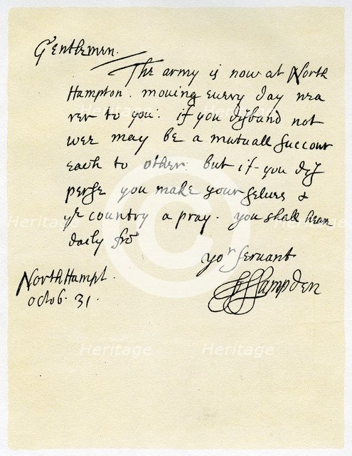 Letter from John Hampden to Colonel Bulstrode after the Battle of Edgehill, 31st October 1642.Artist: John Hampden