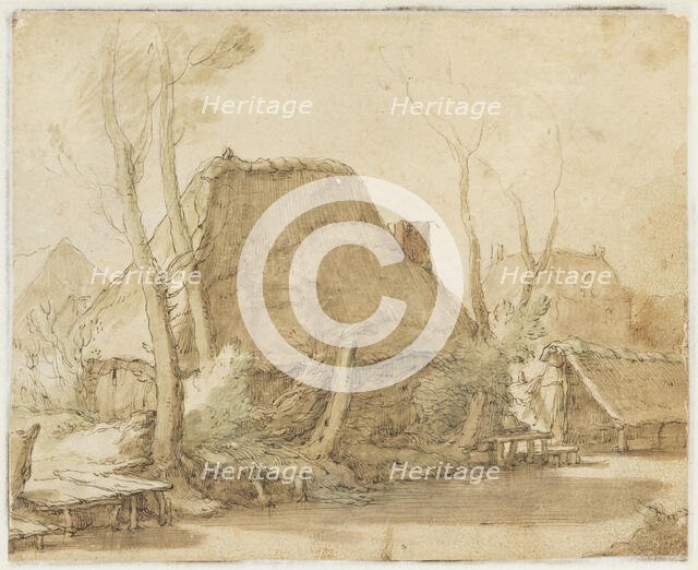 Peasant huts on the banks of a river; around it bare trees, stumps and bushes, to the left... Creator: Abraham Bloemaert.
