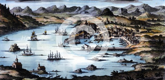 View of the city and the port of Santander, coloured engraving.